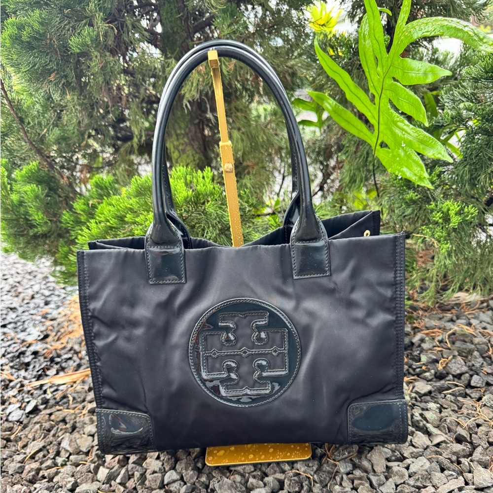 Tory Burch Black Patent Leather Trim Nylon Tote 14” L x 11” H x 5” D, 8.5”